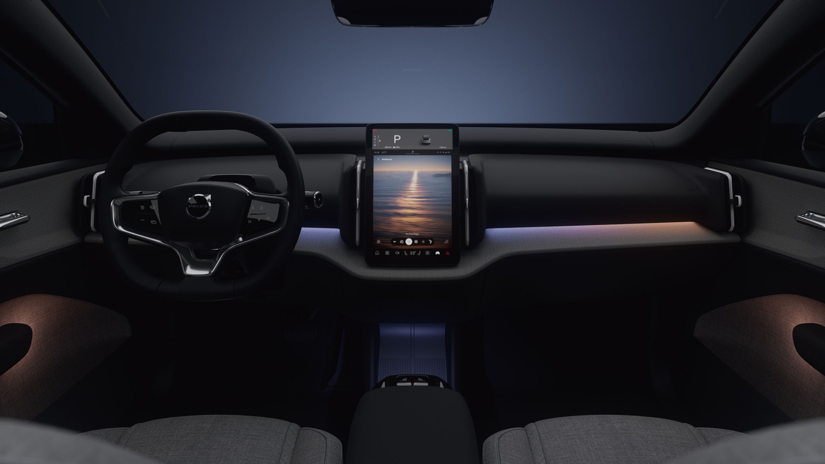 VOLVO EX30座艙具有12.3吋中央螢幕，內建Google影音系統 ，Harman Kardon頂級音響系統。